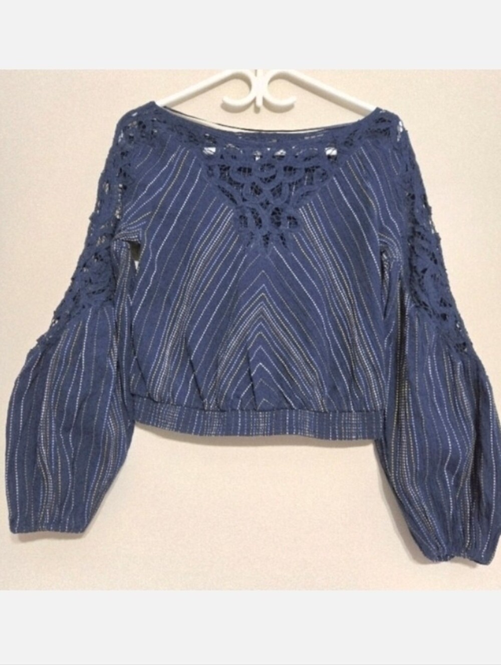 Free People Floating Memories Striped Lace Textured Blouse Blue Top Size XS